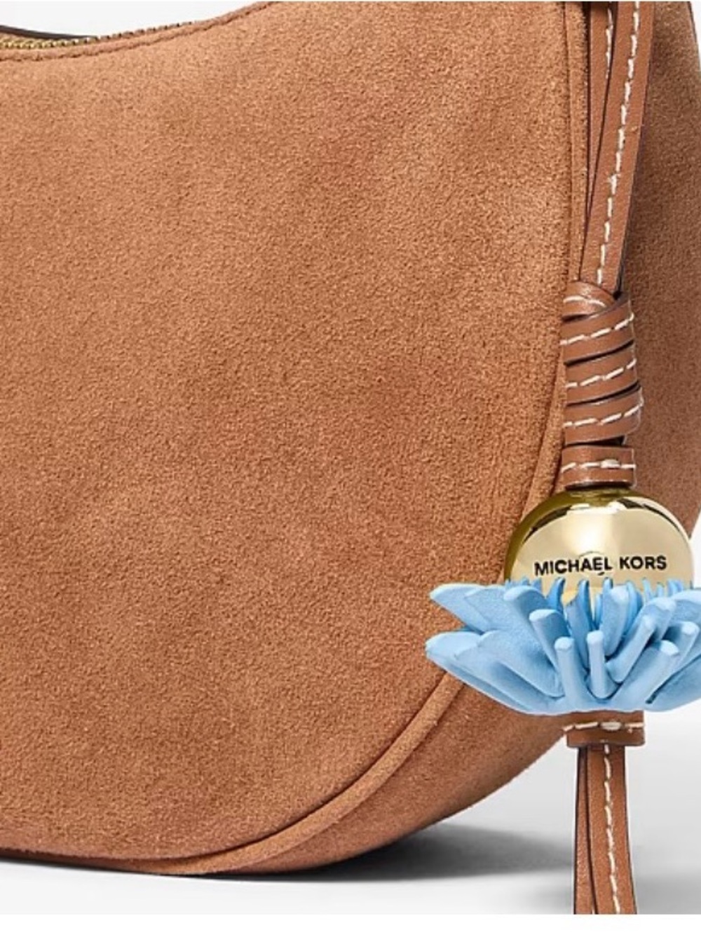 Michael Kors Light Blue Flower Leather Keychain with Tan Strap & Gold Ring